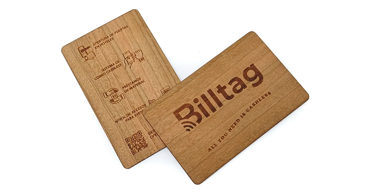 Tarjeta RFID de madera Billtag con iconos de accesos y cobro cashless grabados