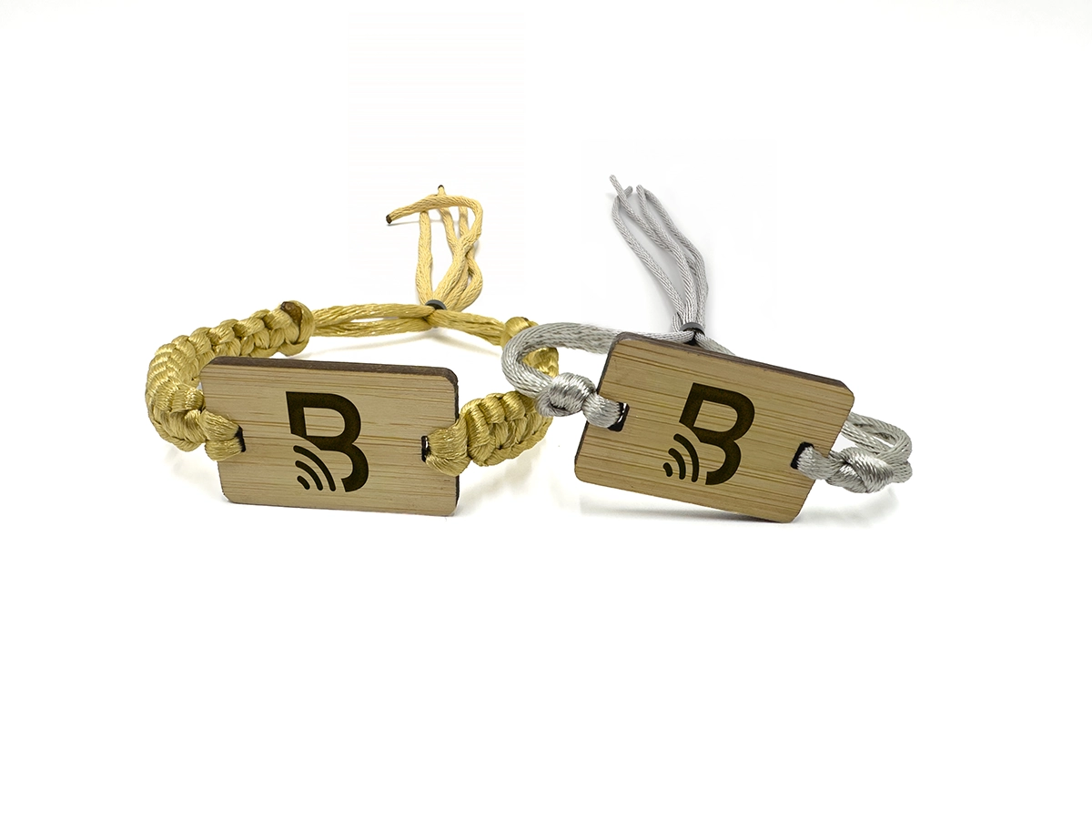 Brazaletes artesanales RFID de bambú con cordón trenzado dorado y gris