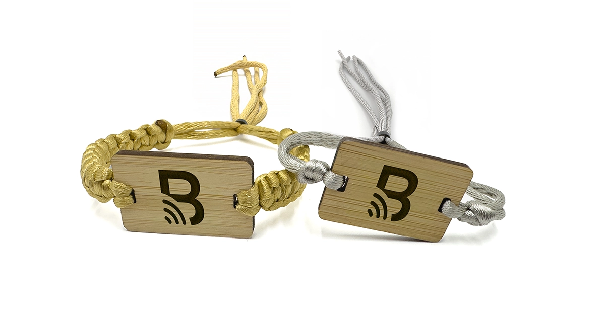 Brazaletes artesanales RFID de bambú con cordón trenzado dorado y gris