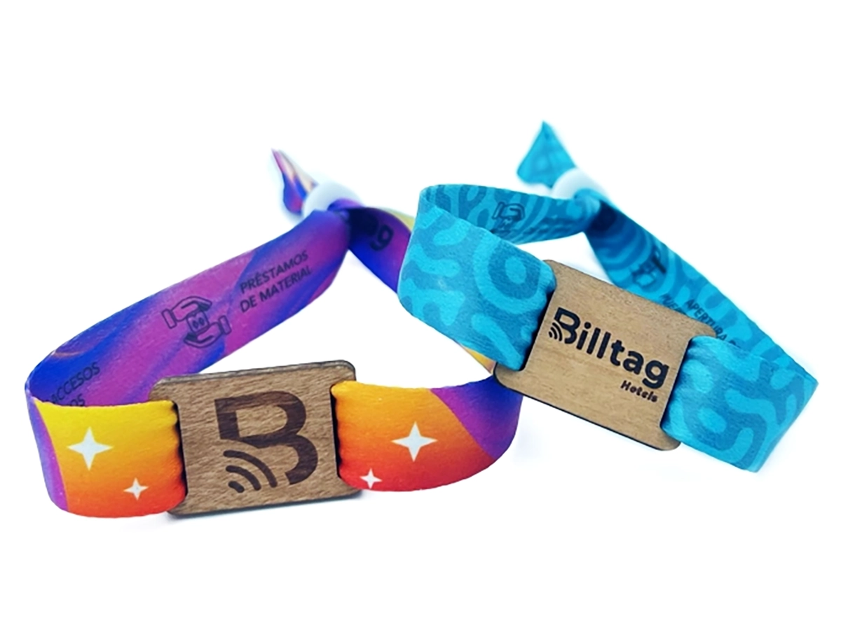 Brazaletes de tela morada y azul con RFID Billtag con broche de madera