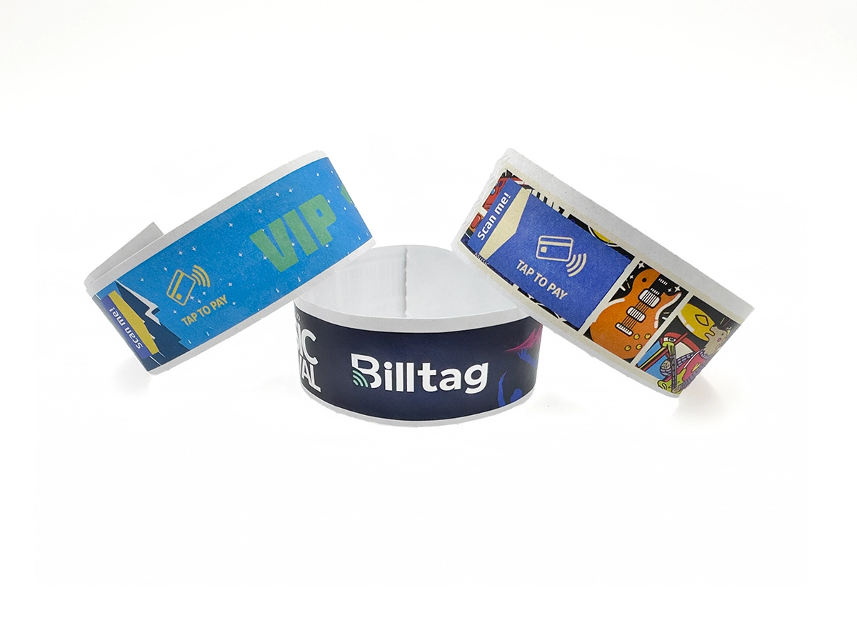 Brazaletes de Tyvek con tecnología RFID Billtag y diseños tipo VIP para eventos