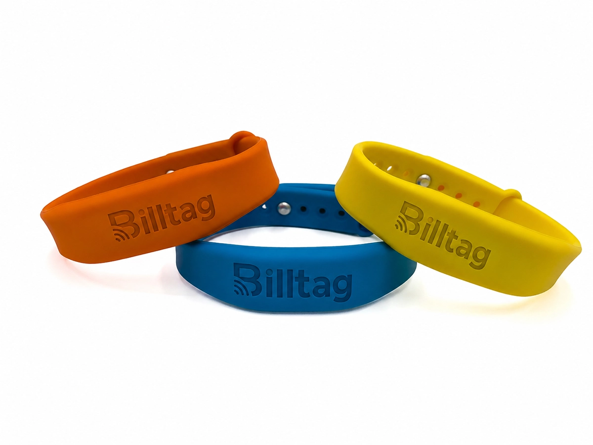 Brazaletes de silicón RFID Billtag en naranja, azul y amarillo