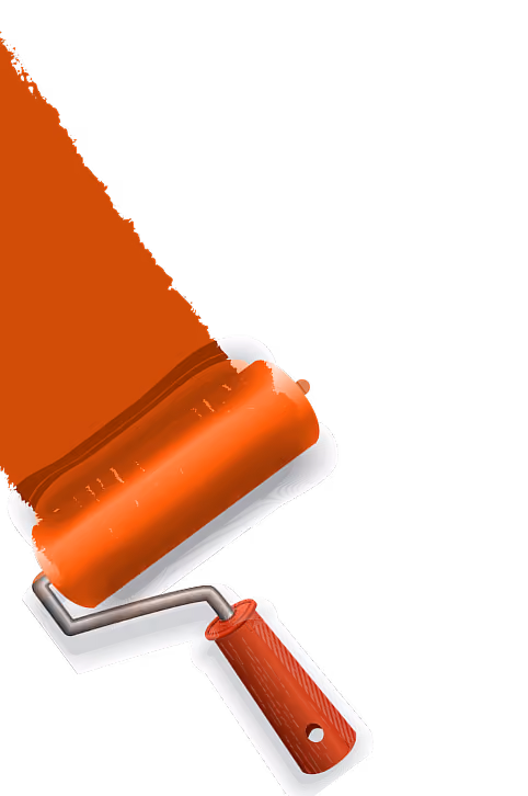Red paint roller with wooden handle applying bright red paint on a surface.