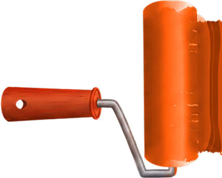 Paint roller with red wooden handle applying orange paint on a white background.