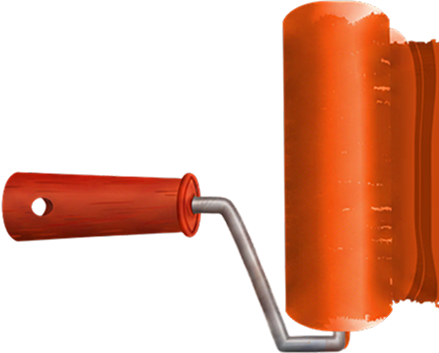 Paint roller with red wooden handle applying orange paint on a white background.