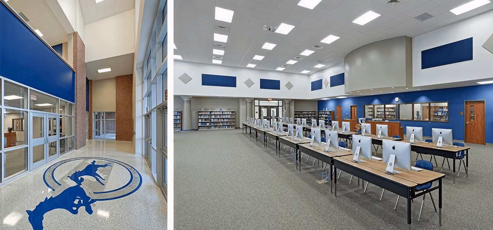 Modern school hallway with a horse mascot logo on the floor and a computer lab with rows of iMacs.
