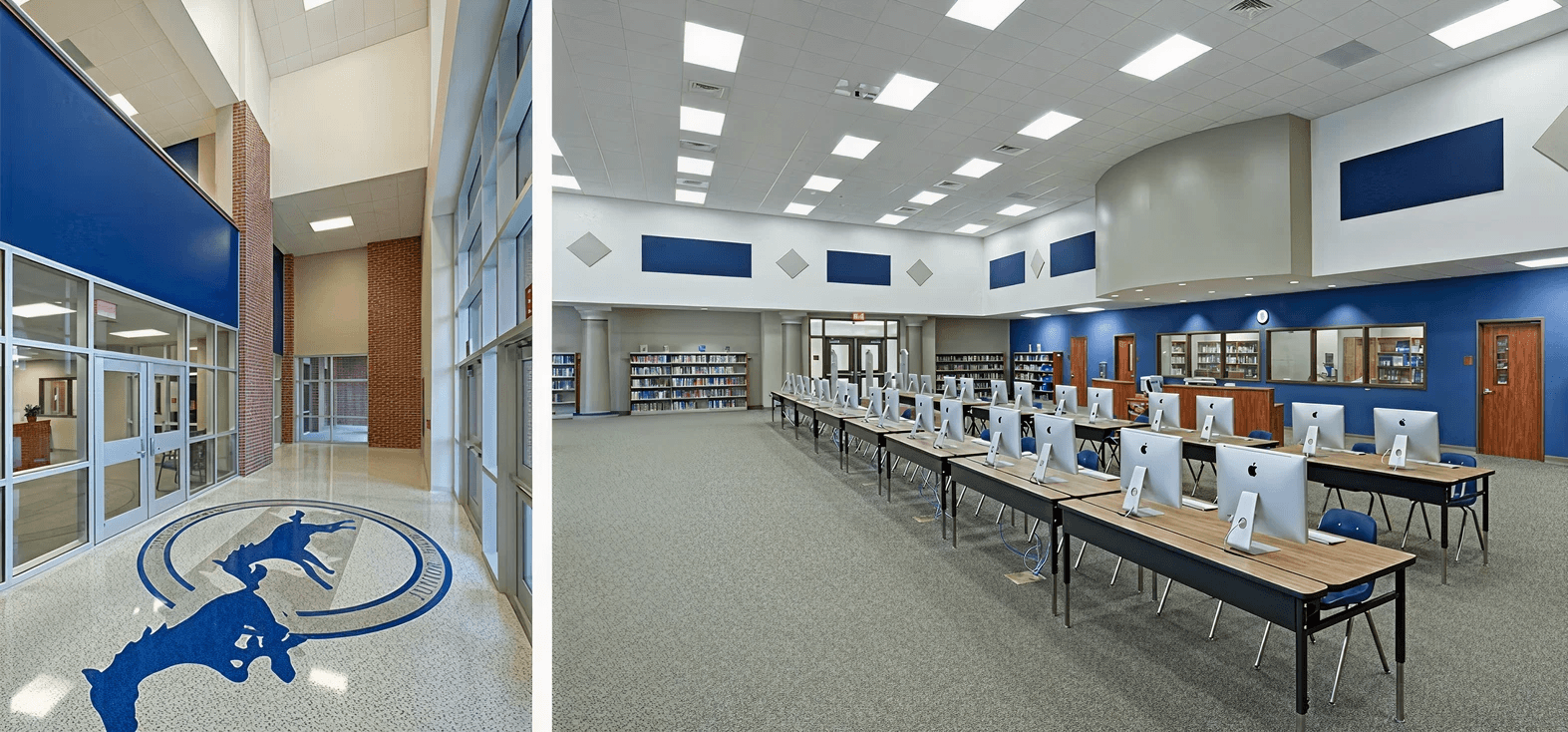 Modern school hallway with a horse mascot logo on the floor and a computer lab with rows of iMacs.
