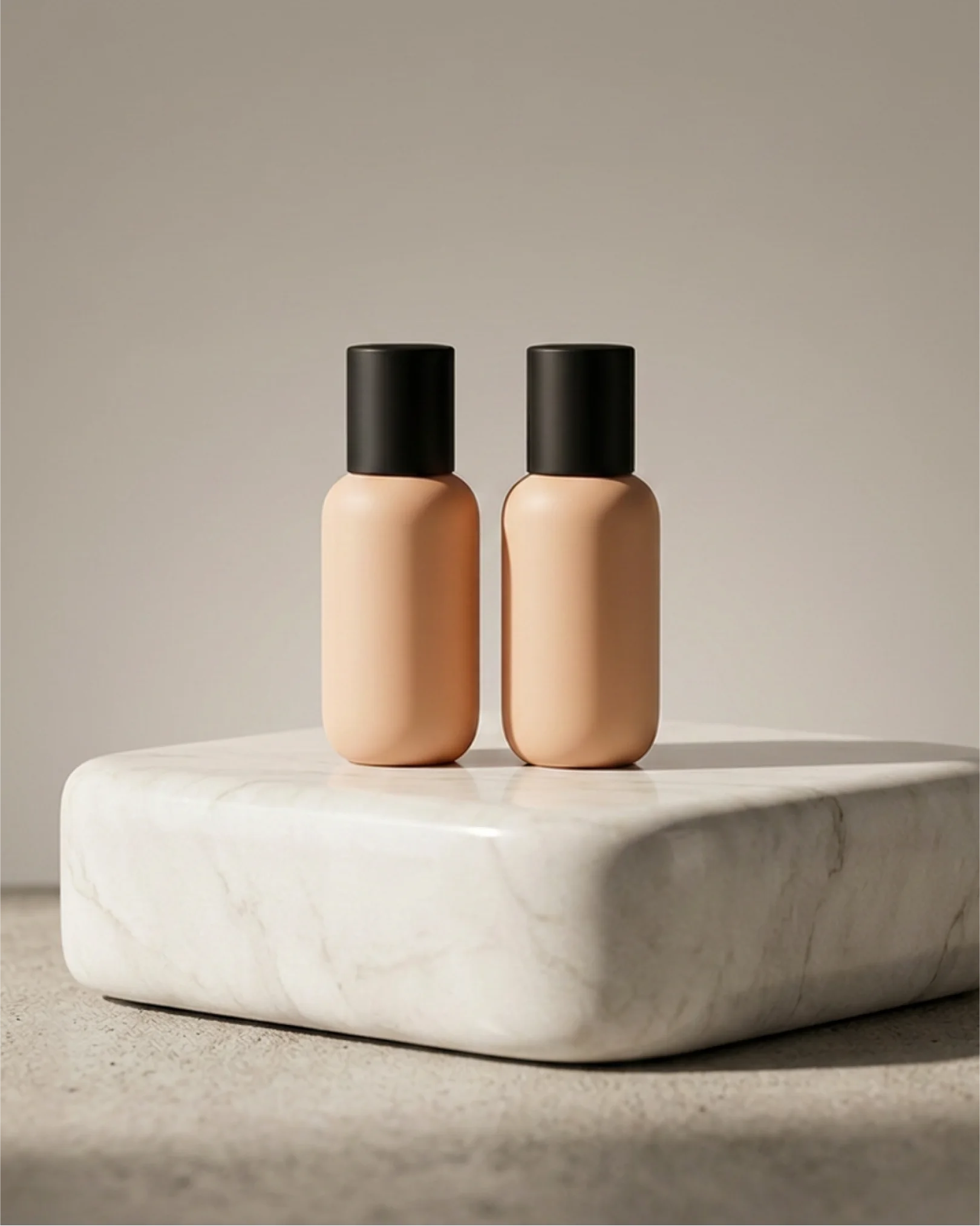 Minimalist matte terracotta cylindrical bottle placed on a concrete pedestal with diagonal shadows.