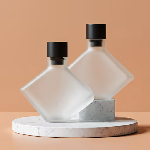 Minimalist matte terracotta cylindrical bottle placed on a concrete pedestal with diagonal shadows.