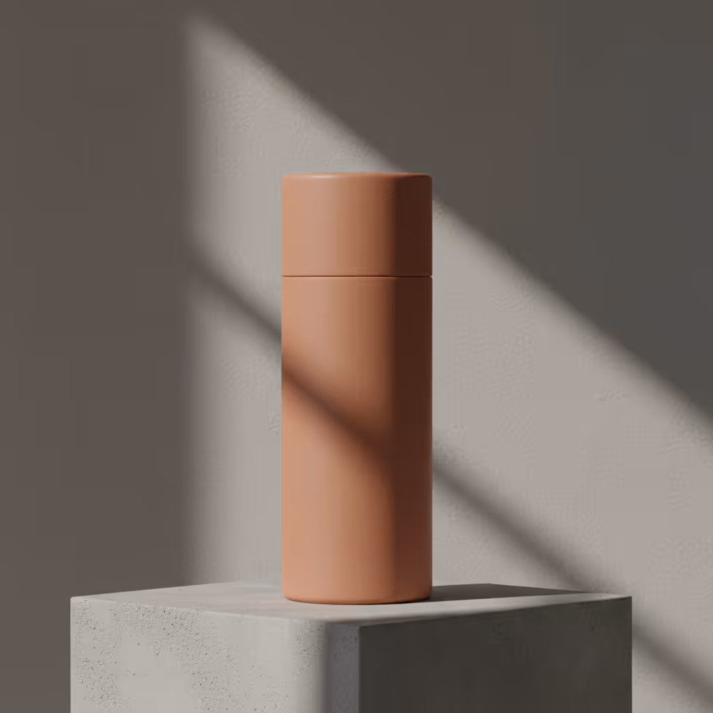 Minimalist matte terracotta cylindrical bottle placed on a concrete pedestal with diagonal shadows.