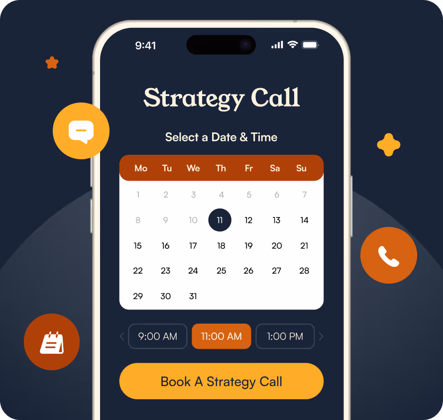 Smartphone screen showing a calendar to book a strategy call with date and time selection.