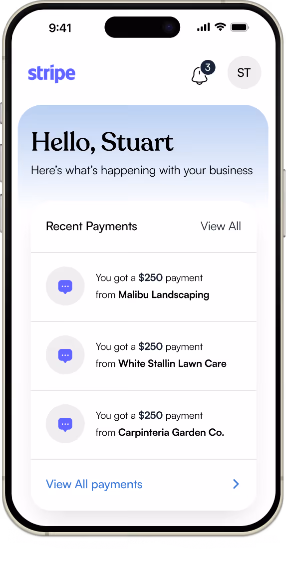 Mobile screen showing Stripe app greeting Stuart with recent $250 payments from three landscaping businesses.