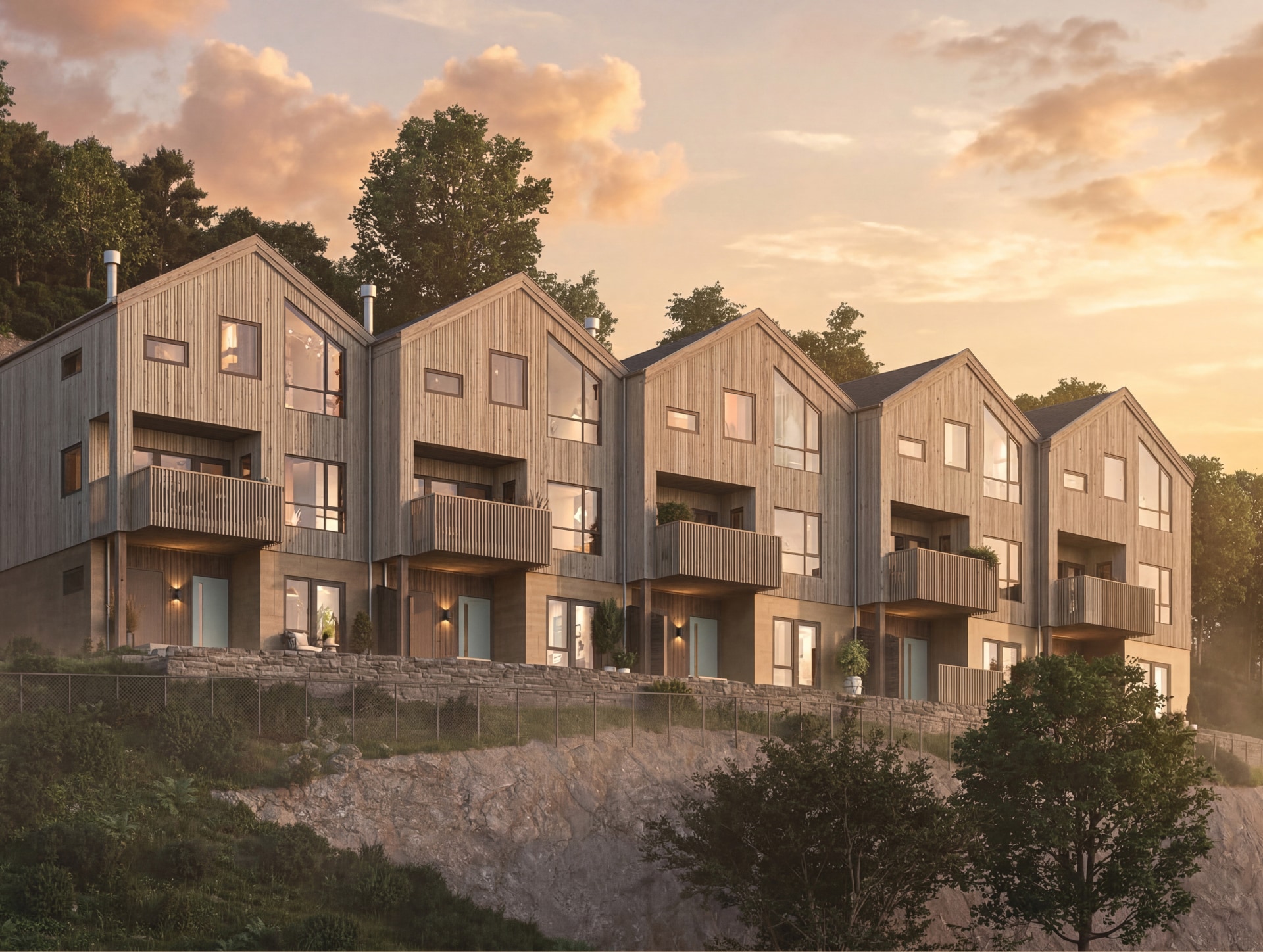 Illustrasjon av moderne rekkehus på en høyde, omgitt av skog og natur i varmt sollys.