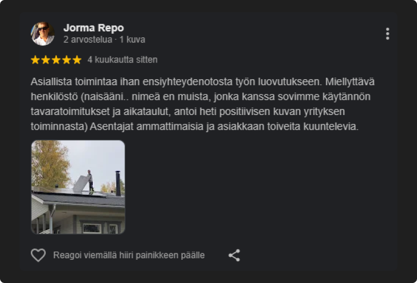 Asennus Tuomaala Oy:n Aurinkopaneeliurakan kuva asiakaspalautteesta