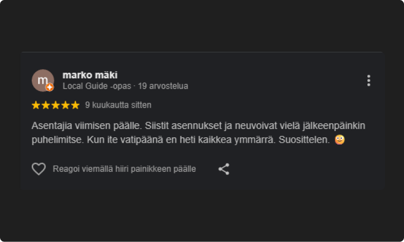 Asennus Tuomaala Oy:n Aurinkopaneeliurakan kuva asiakaspalautteesta