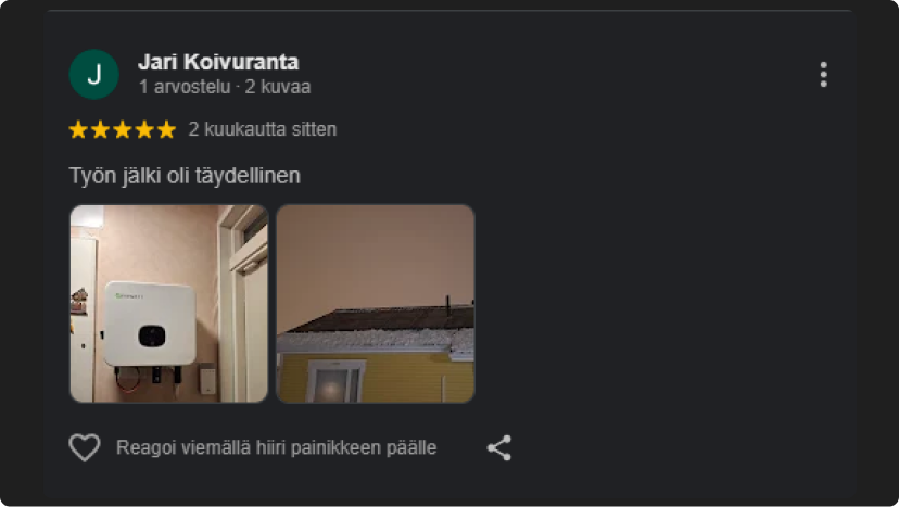 Asennus Tuomaala Oy:n Aurinkopaneeliurakan kuva asiakaspalautteesta
