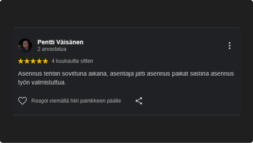 Asennus Tuomaala Oy:n Aurinkopaneeliurakan kuva asiakaspalautteesta