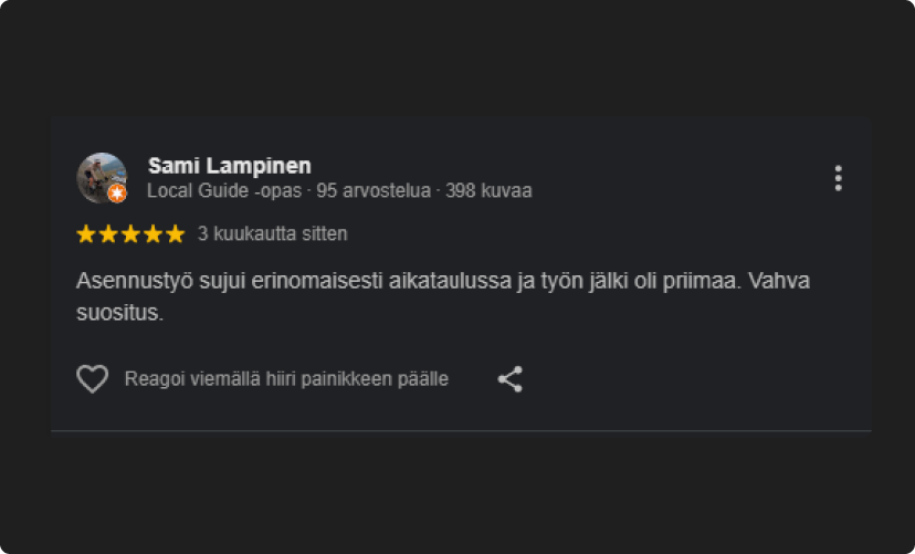 Asennus Tuomaala Oy:n Aurinkopaneeliurakan kuva asiakaspalautteesta