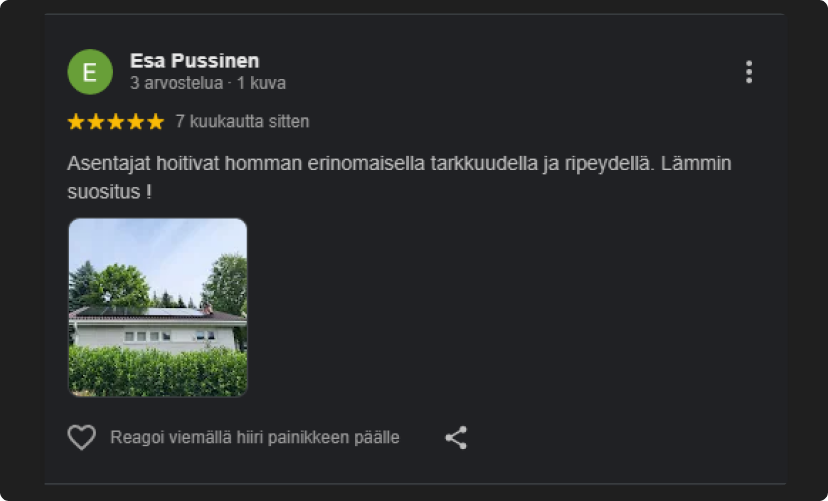 Asennus Tuomaala Oy:n Aurinkopaneeliurakan kuva asiakaspalautteesta