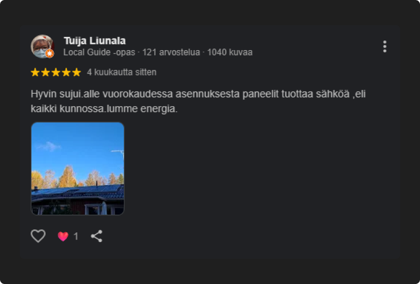 Asennus Tuomaala Oy:n Aurinkopaneeliurakan kuva asiakaspalautteesta