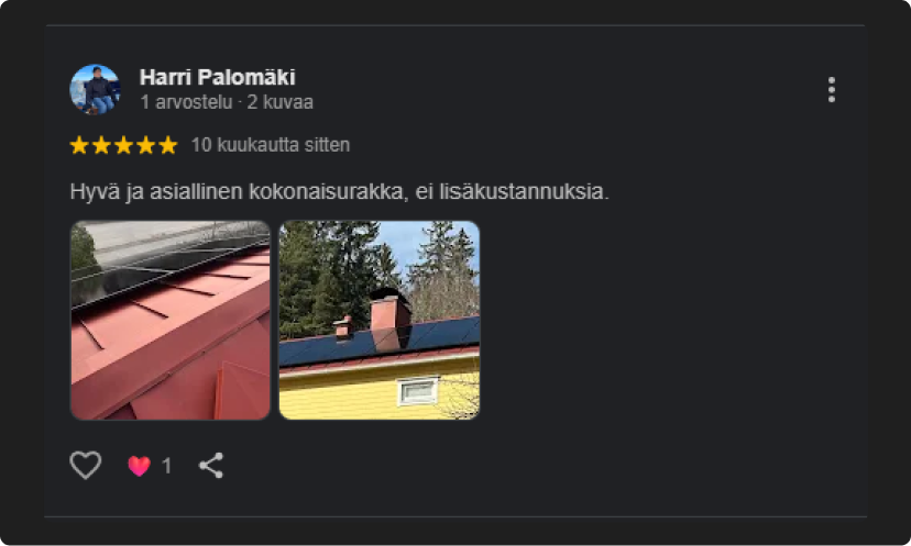 Asennus Tuomaala Oy:n Aurinkopaneeliurakan kuva asiakaspalautteesta