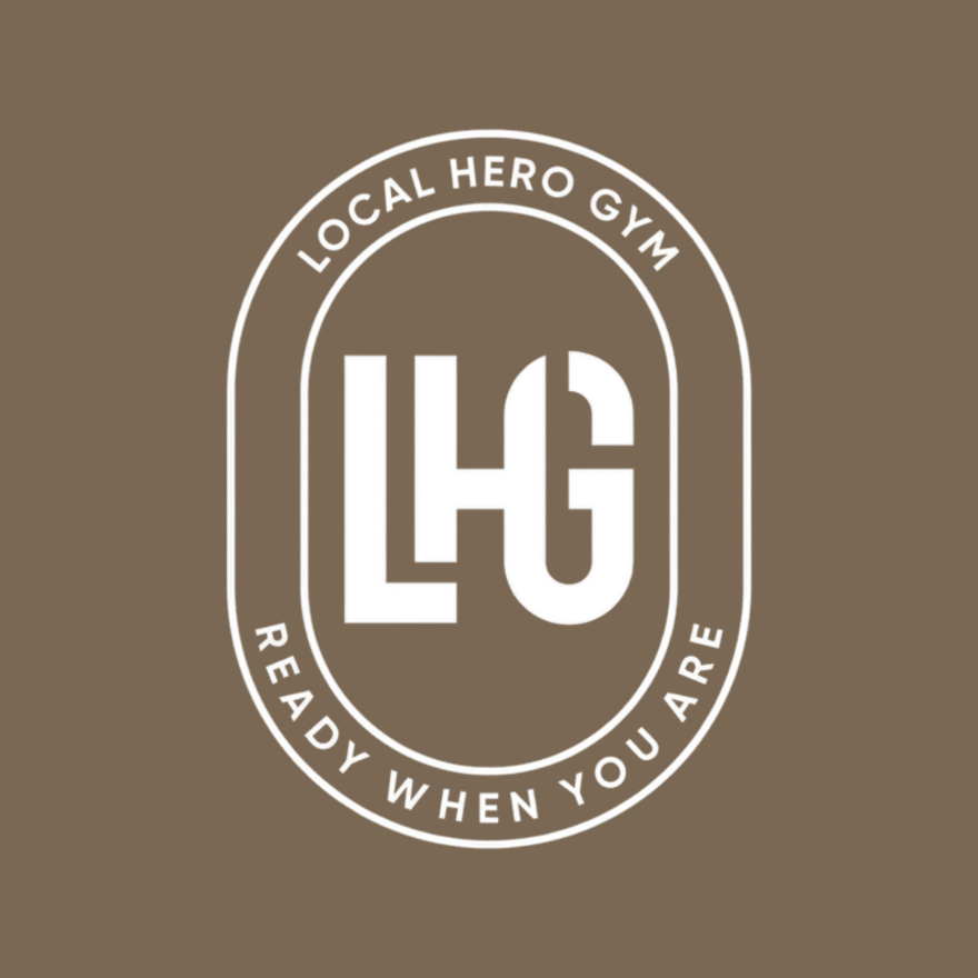 Local Hero Gym logo with initials LHG and slogan Ready When You Are on brown background.