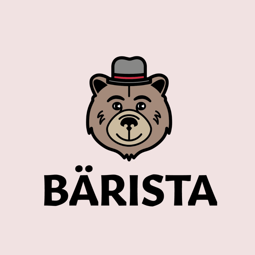 Logo of a smiling bear wearing a gray hat above the word BÄRISTA on a light pink background.