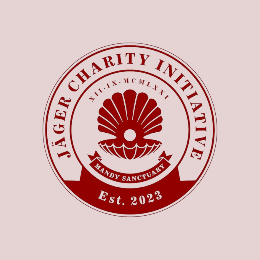 Jäger Charity Initiative circular maroon logo with shell, Mandy Sanctuary, and Est. 2023 text.