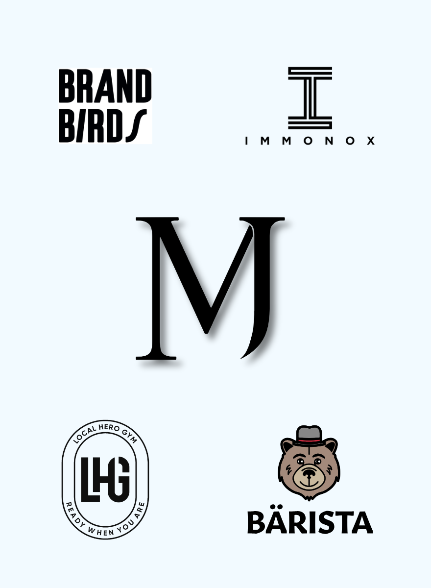Fünf Logos: BRAND BIRDS, IMMONOX mit I-Symbol, großer Buchstabe M, LHG Local Hero Gym, und BÄRISTA mit Bärenkopf.