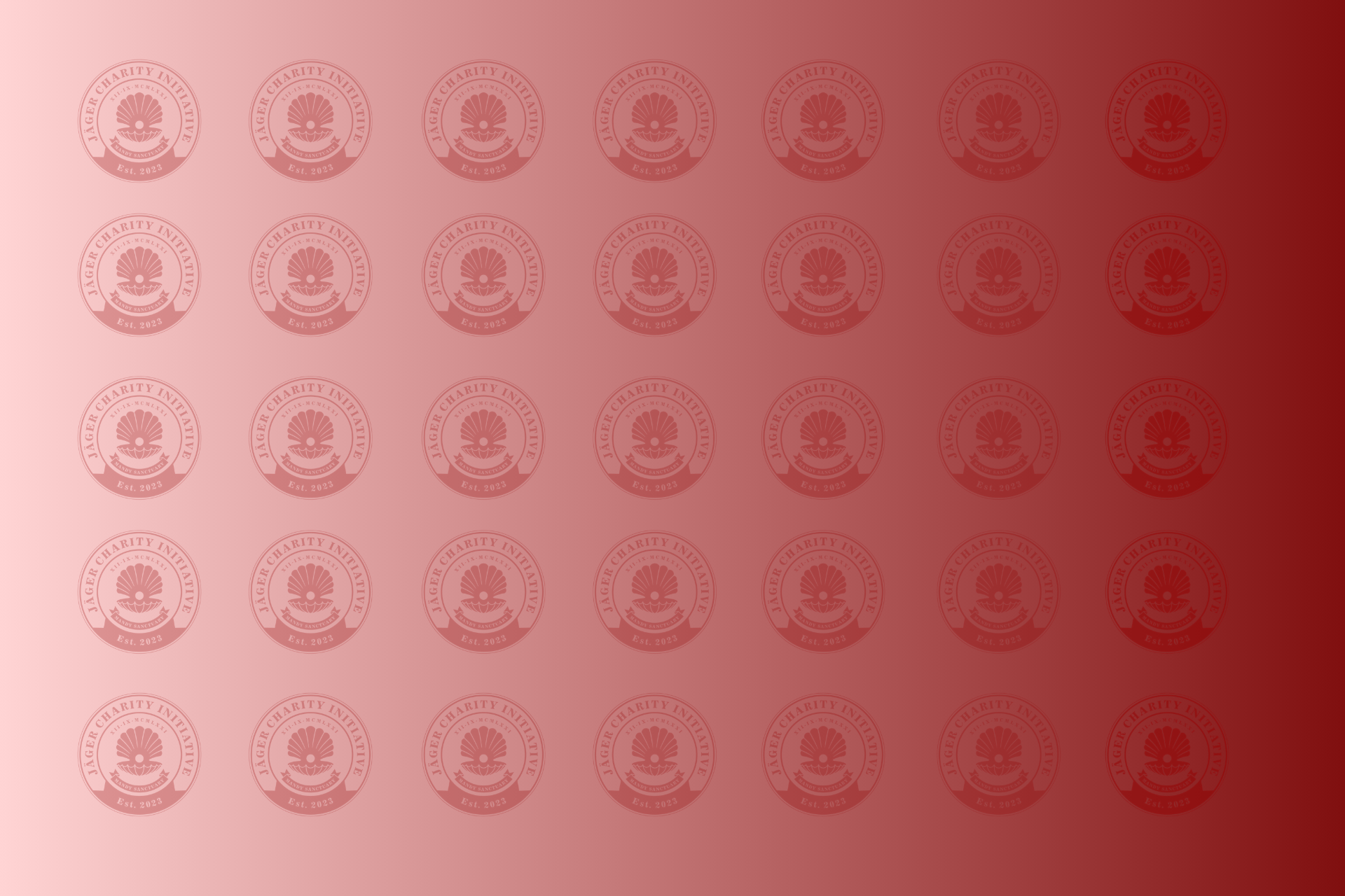 Pattern of repeated red seals reading Jäger Charity Initiative on a red gradient background.