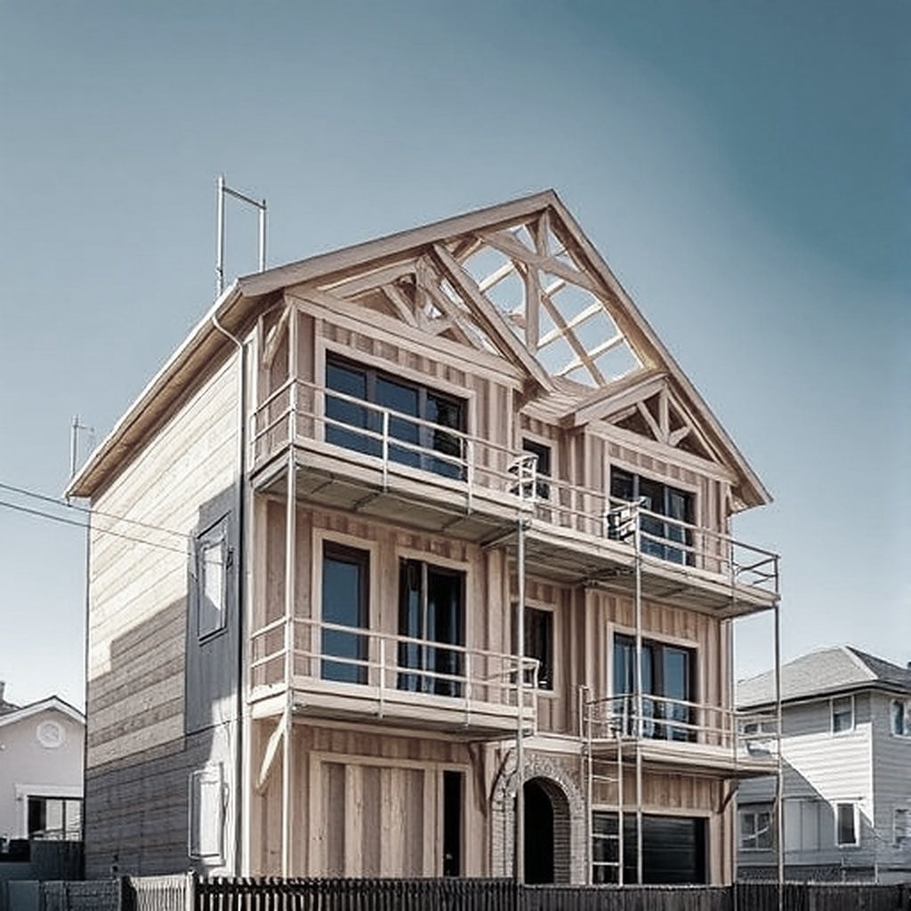 Timber-framed townhouses mid-construction