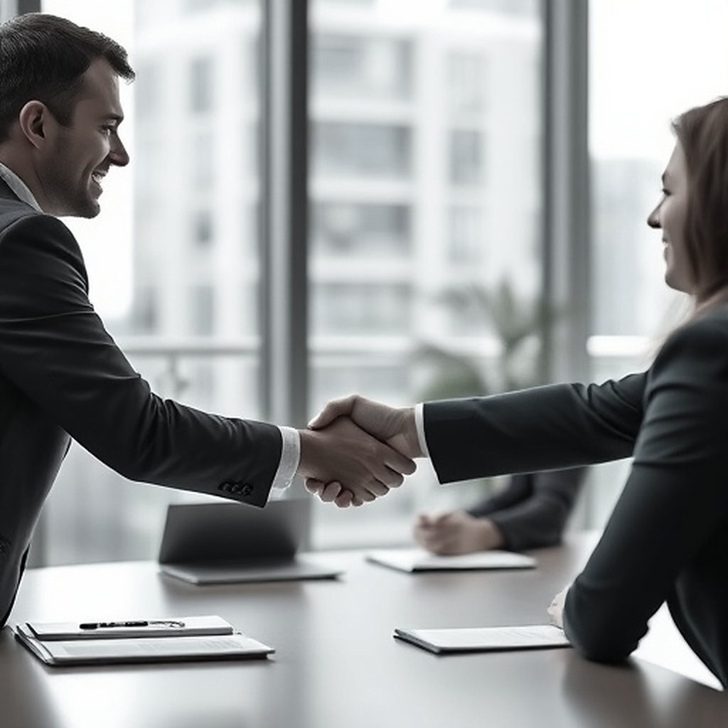 A broker and client shaking hands across a meeting table
