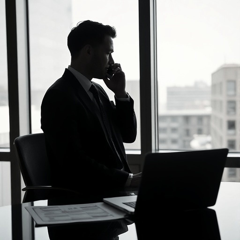 Broker on a phone call at a window desk