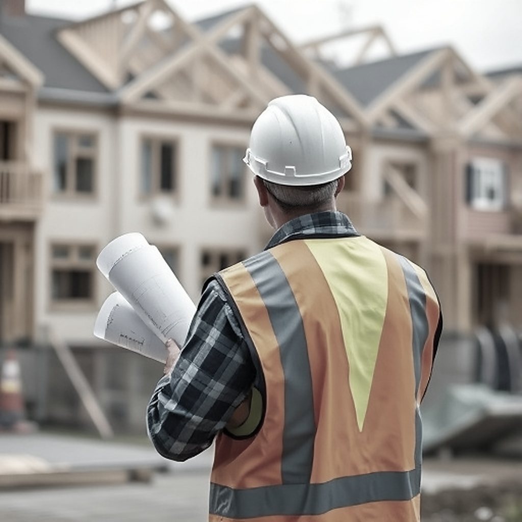 Developer holding plans on a townhouse site