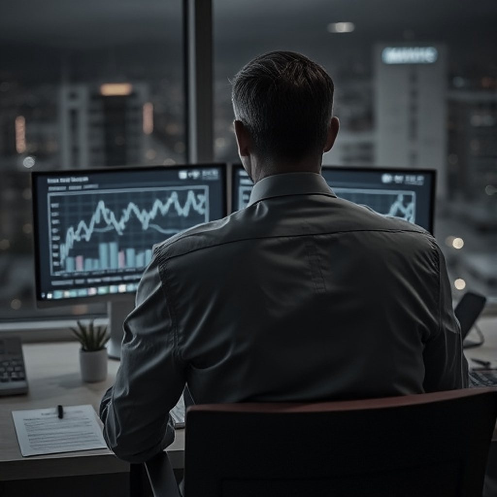 Fund manager at a desk of portfolio screens