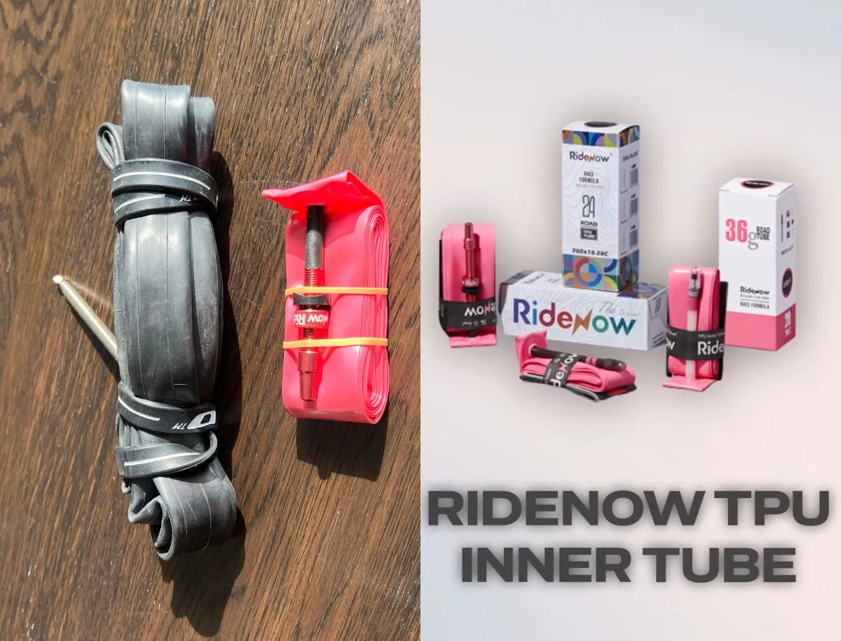 RideNow 36g TPU road inner tube next to a standard butyl tube on a wooden table, with RideNow packaging and product boxes shown