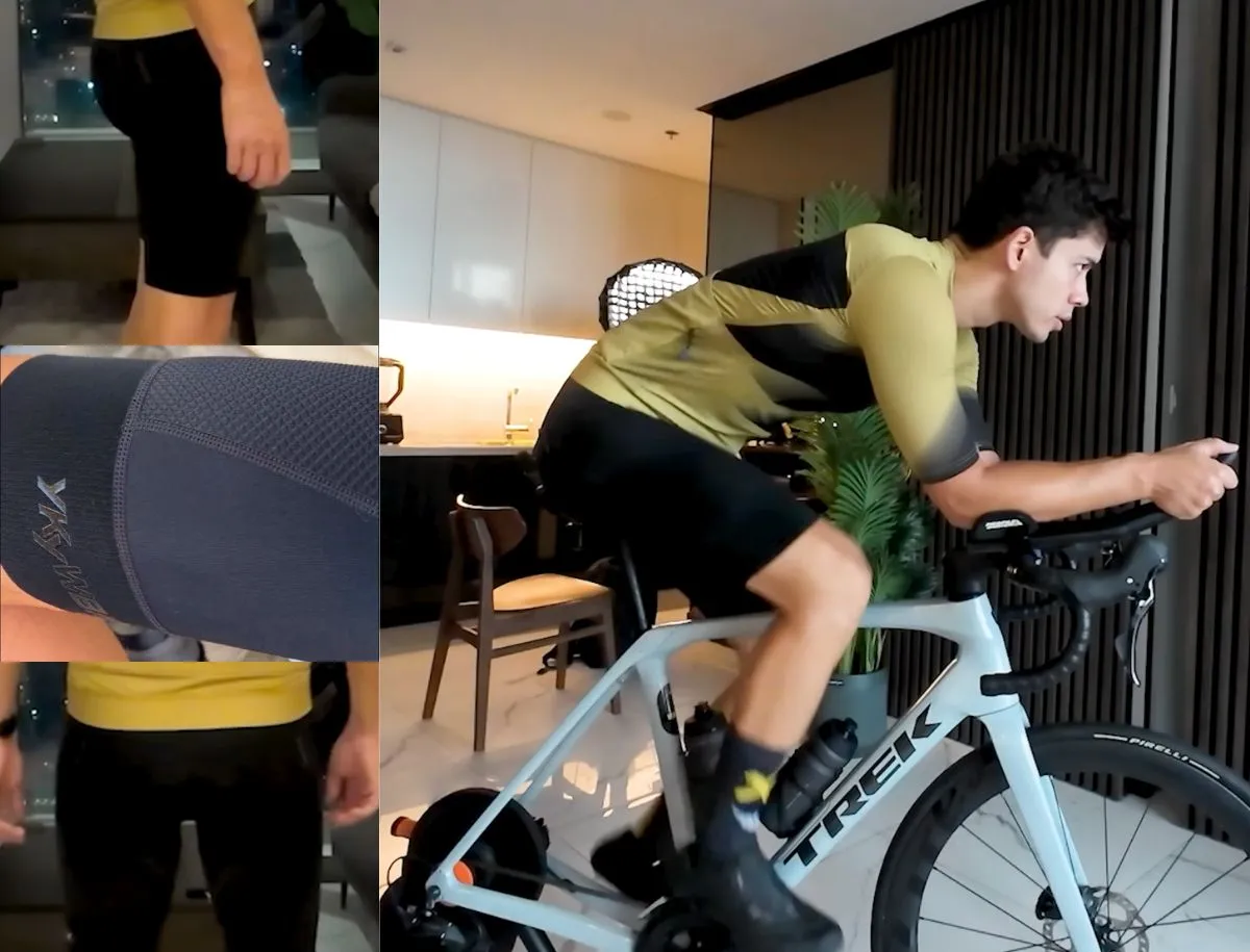 Mike Dee riding a Trek Speed Concept on an indoor trainer wearing YKYWBIKE cycling bib shorts, with close up details of chamois pad and waistband