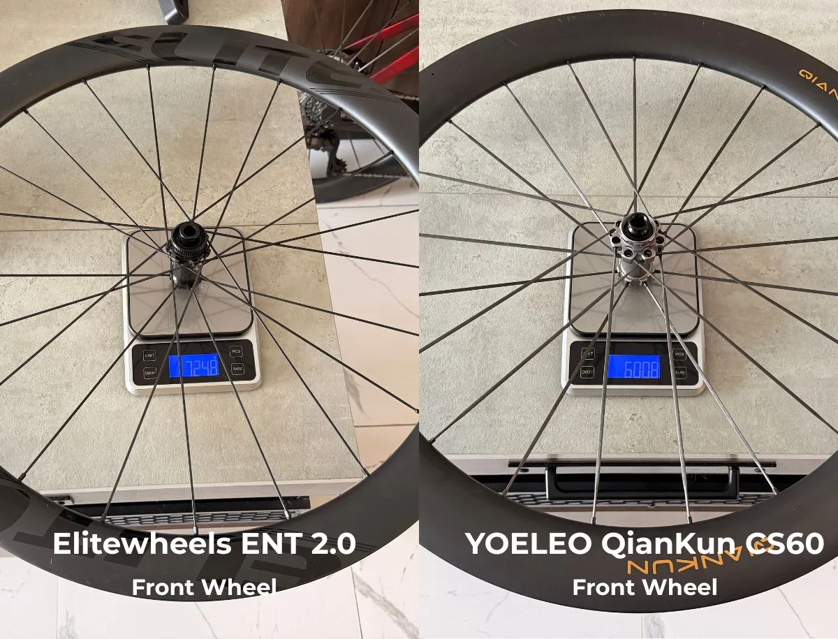 Elitewheels ENT 2.0 front wheel on digital scale reading 72.48 grams beside YOELEO QianKun CS50 front wheel reading 60.08 grams in real-world weight verification test