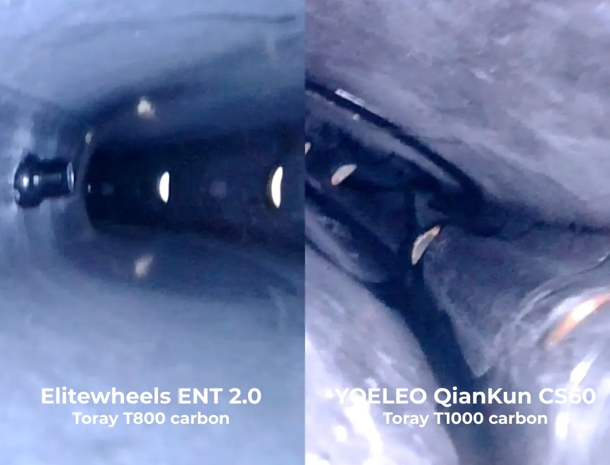 Endoscope camera interior view comparing Elitewheels ENT 2.0 Toray T800 carbon layup with minor surface texture versus YOELEO QianKun CS60 Toray T1000 carbon layup showing tighter construction around carbon spoke junction