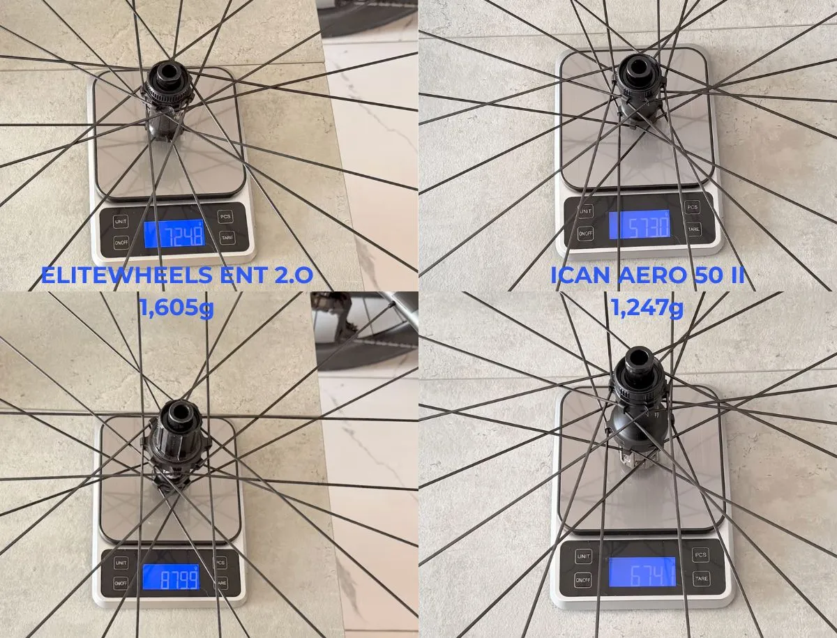 Digital scale comparison of Elitewheels ENT 2.0 and ICAN AERO 50 II wheels, showing individual front and rear weights totaling 1,605 grams and 1,247 grams