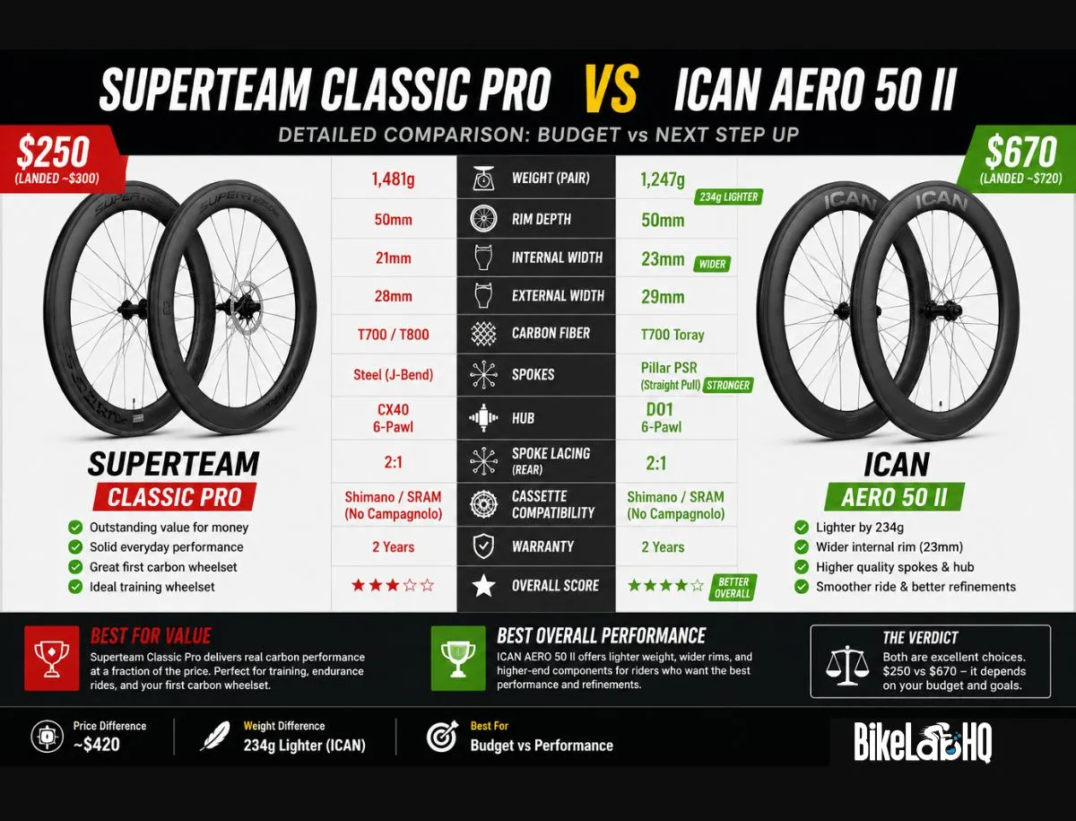 Detailed spec comparison chart of Superteam Classic Pro versus ICAN AERO 50 II carbon wheelsets covering weight, rim width, carbon fiber, spokes, and hub