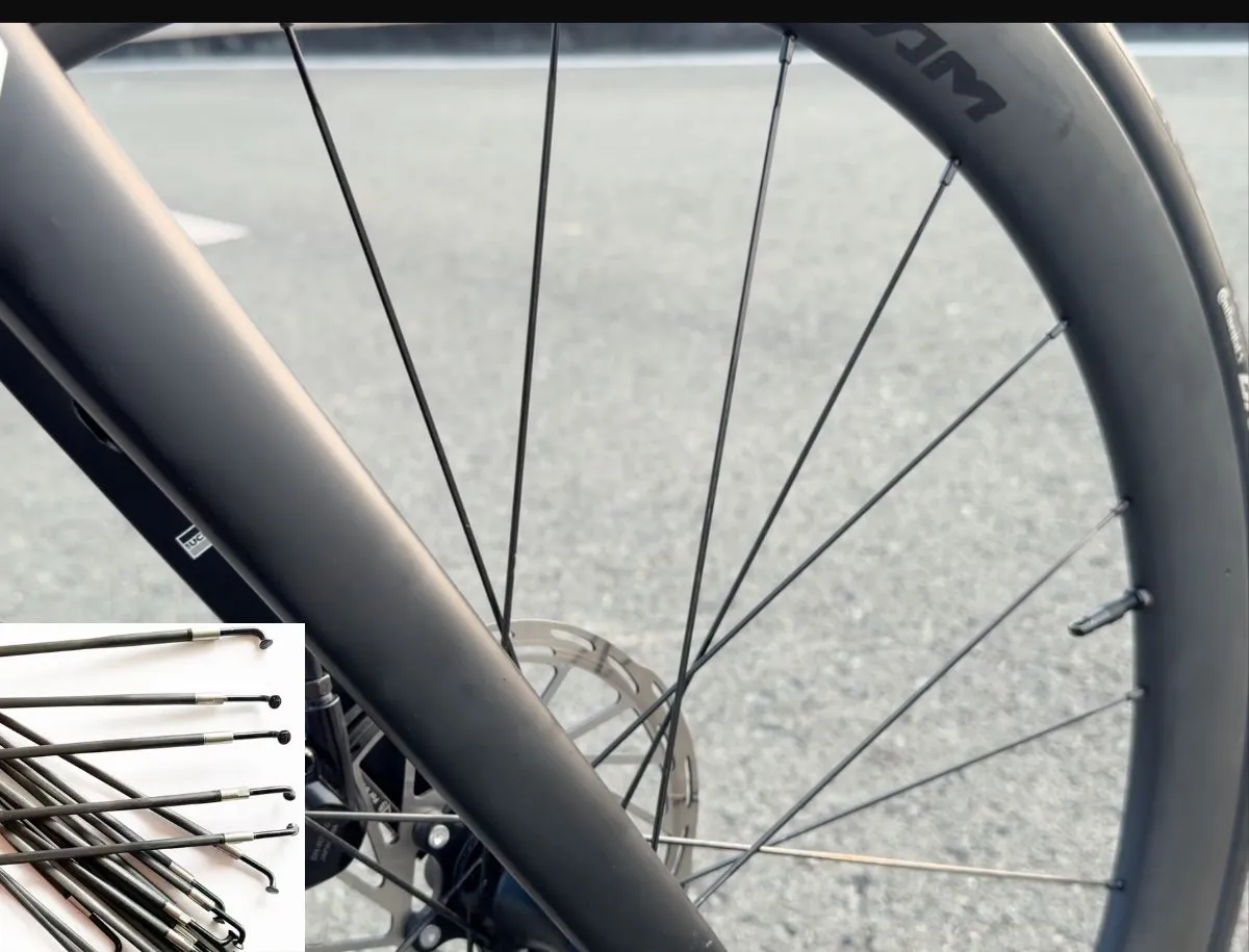 Close-up of Superteam Classic Pro hooked carbon rim with steel J-bend spokes, inset showing spare spoke set