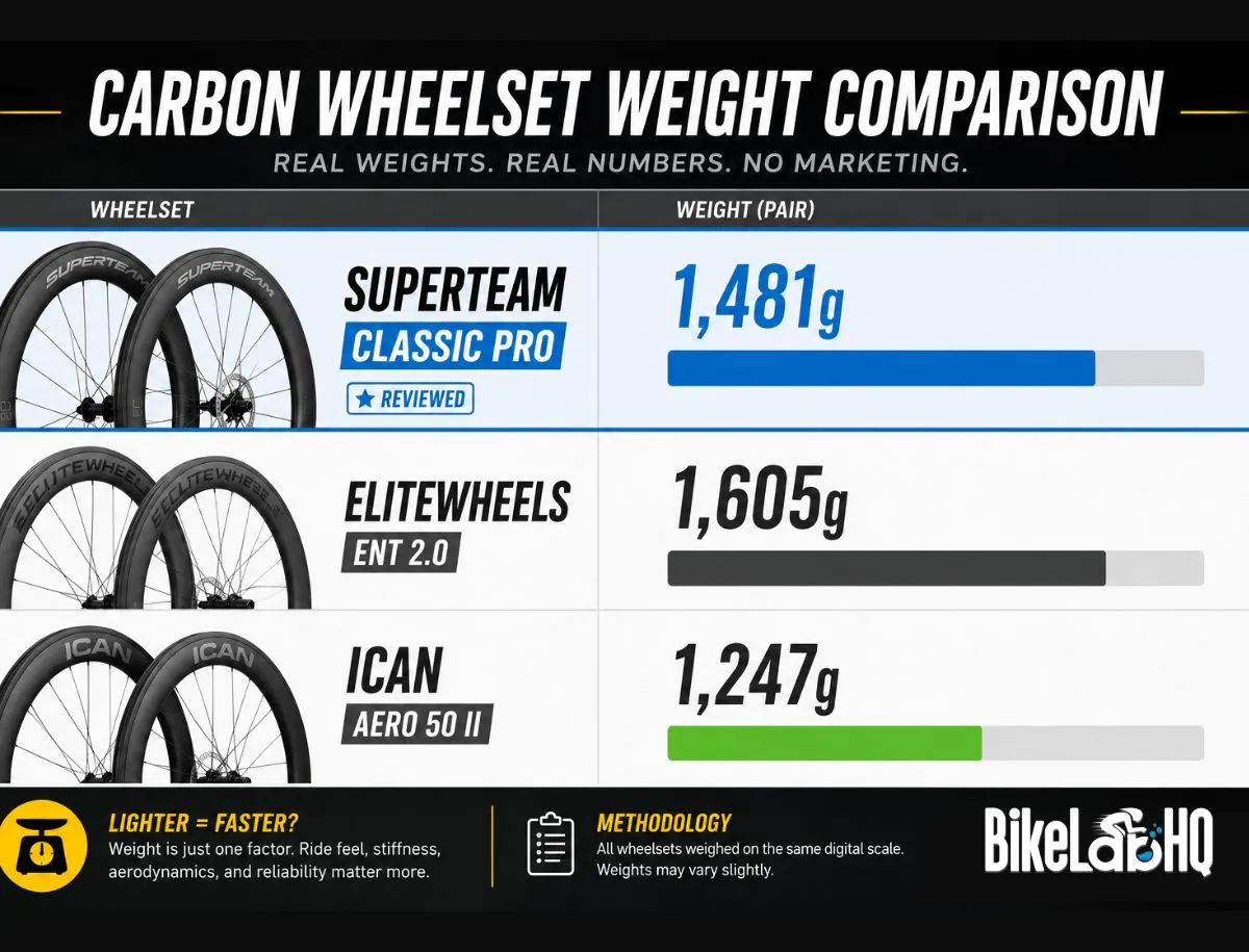 Comparison chart of Superteam Classic Pro, Elitewheels ENT 2.0, and ICAN AERO 50 II carbon wheelsets showing price, weight, spokes, hub, and value score ratings