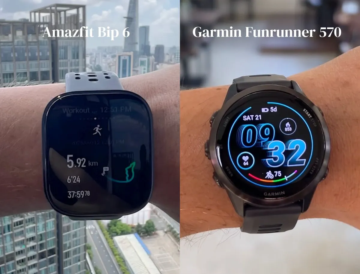 Side-by-side wrist comparison of Amazfit Bip 6 smartwatch showing active workout screen (left) and Garmin Forerunner 570 displaying watch face with heart rate and battery data (right), both worn outdoors with city skyline background