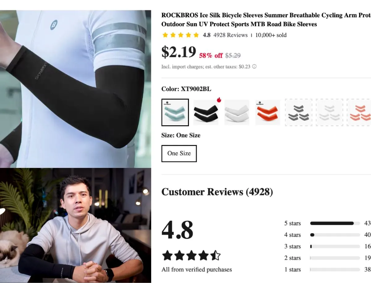 ROCKBROS Ice Silk cycling arm sleeves Amazon listing showing 4.8-star rating and $2.19 price, alongside photo of Mike Dee wearing black ROCKBROS arm sleeves indoors