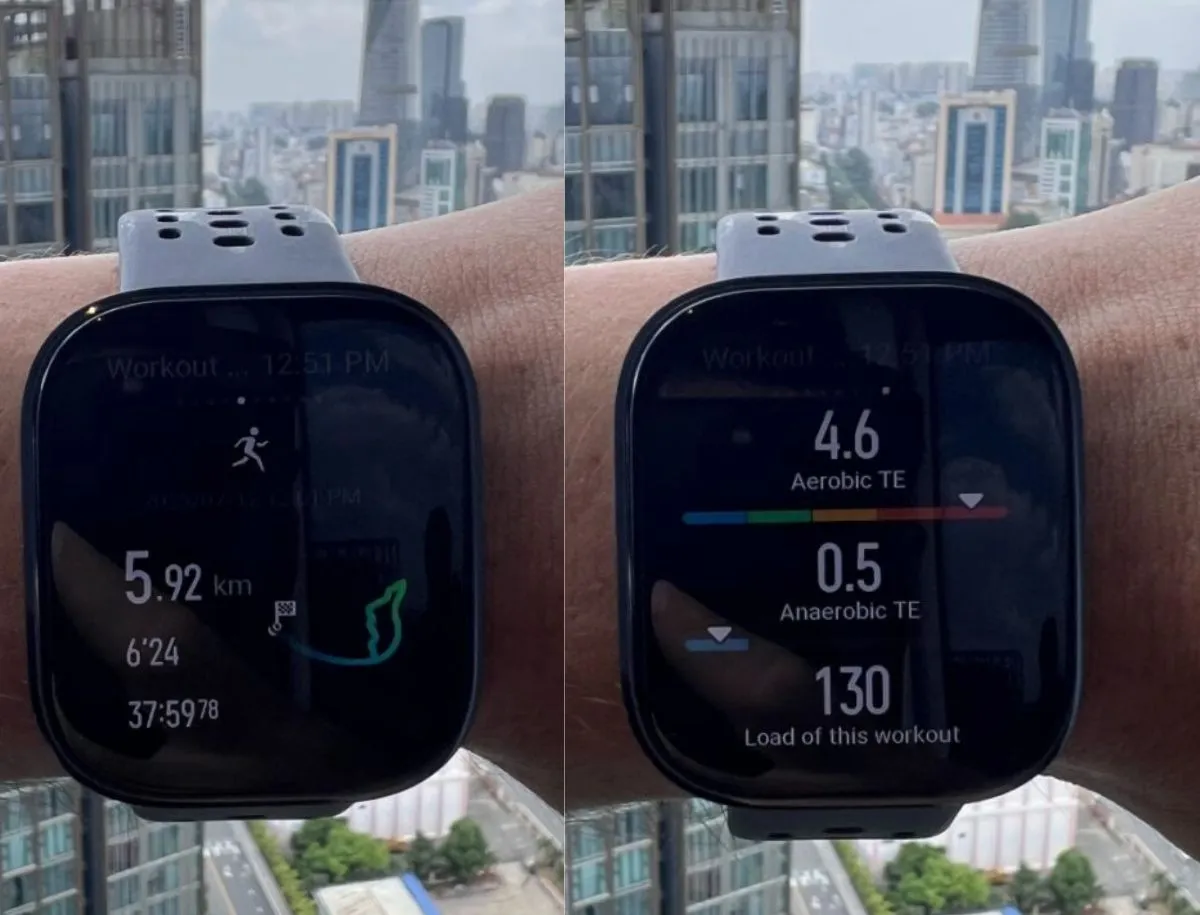 Two side-by-side screenshots of Amazfit Bip 6 smartwatch showing post-run workout data: left screen displays 5.92 km distance, 6'24 pace, and elapsed time; right screen shows Aerobic TE 4.6, Anaerobic TE 0.5, and training load of 130