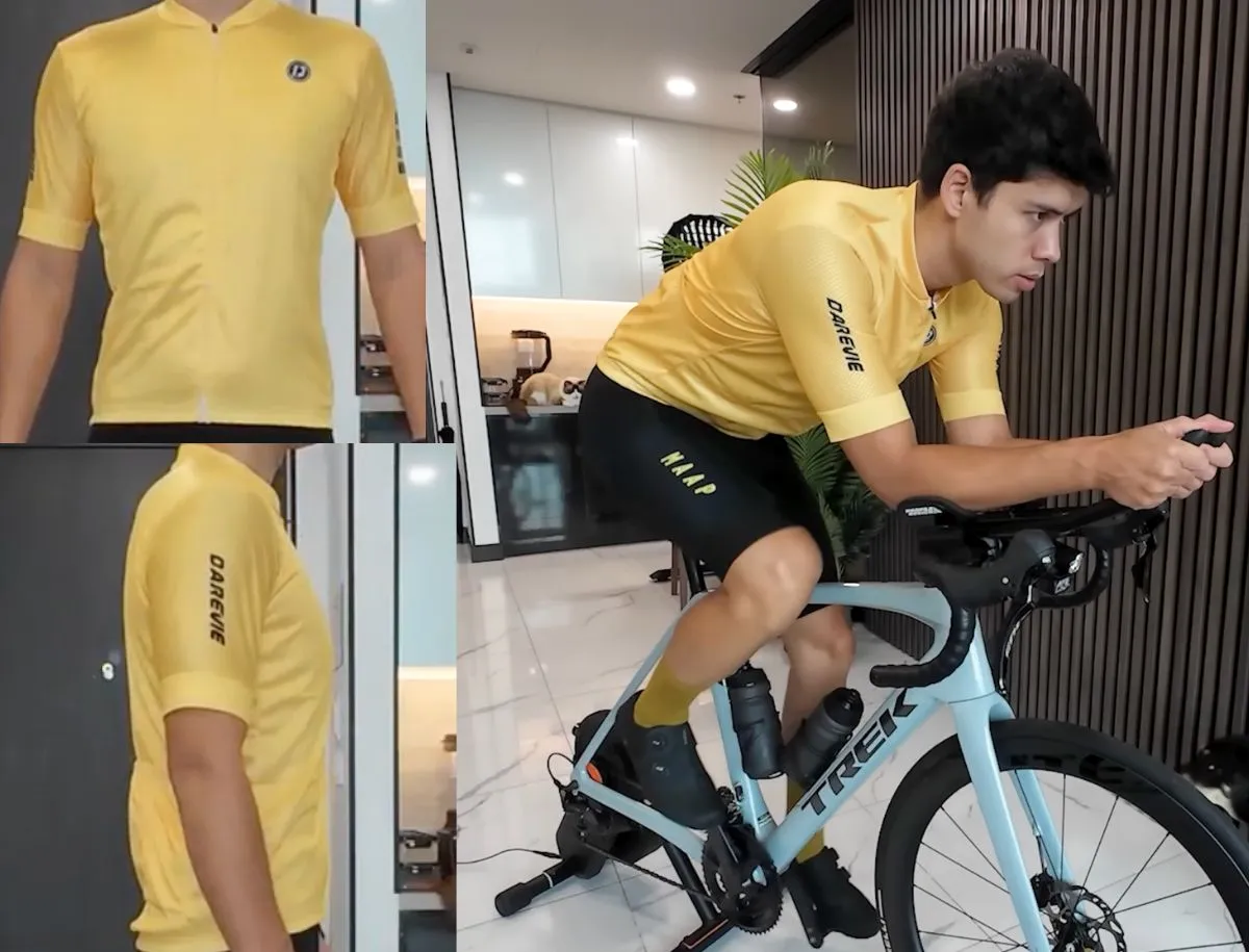 Mike Dee wearing yellow DAREVIE cycling jersey shown in three angles: front flat lay, side profile, and riding position on a Trek road bike on an indoor trainer