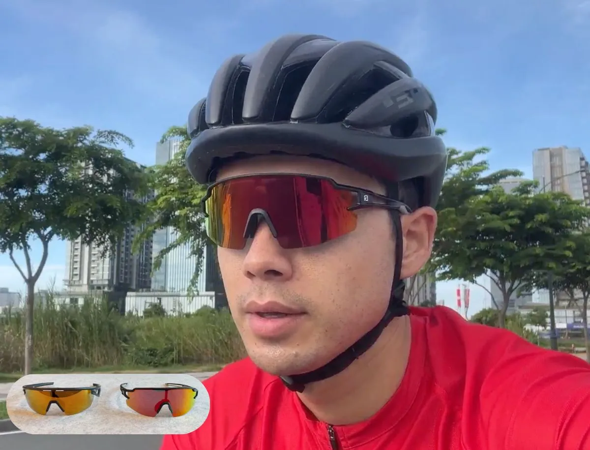 Mike Dee wearing Rockbros red mirror lens cycling sunglasses and black road helmet during an outdoor ride, with product comparison inset showing two sunglasses side by side