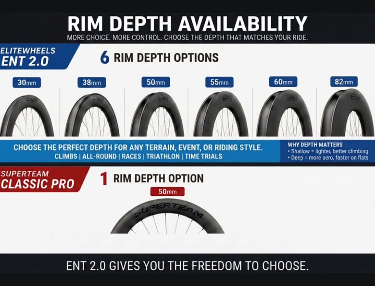 Rim depth availability chart showing Elitewheels ENT 2.0 offered in six depths from 30mm to 82mm compared to Superteam Classic Pro available only in 50mm.
