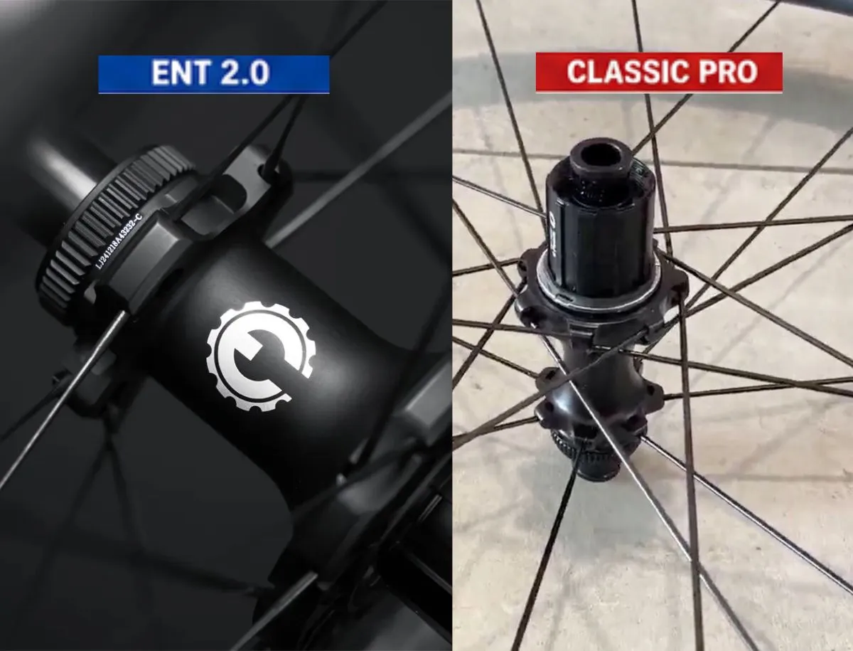 Close-up comparison of the Elitewheels ENT 2.0 freehub against the Superteam Classic Pro CX40 six pawl hub, both disc only with centre lock and six bolt rotor compatibility.